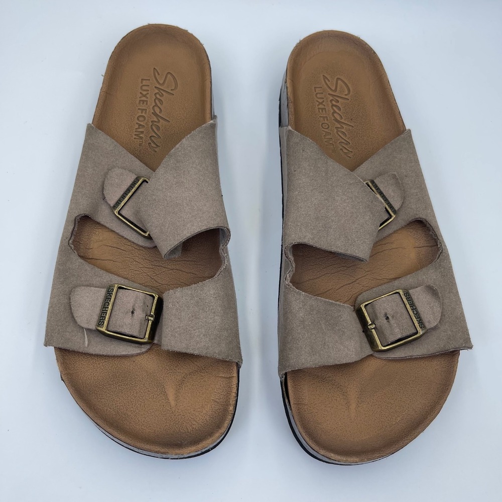 Skechers Luxe Foam Sandals Womens 10 Taupe Double Buckle Slide Comfort 56090